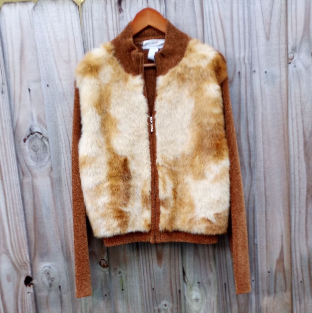 Lisa international faux front fur  zipper sweater